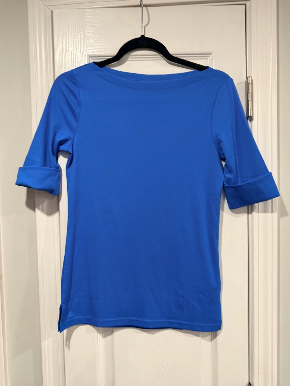 NWOT LRL Ralph Lauren Size S Blue Top Boatneck Short Sleeve Stretch Classic